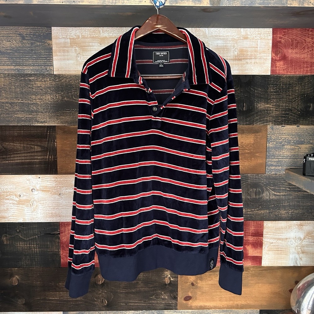 Todd Snyder Plush Black Velour Polo Sweater Pullover Piping  Size Large Striped